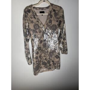 Cynthia Rowley Beige Black Print Long Sleeve V-Neck Mini Dress Sz 4